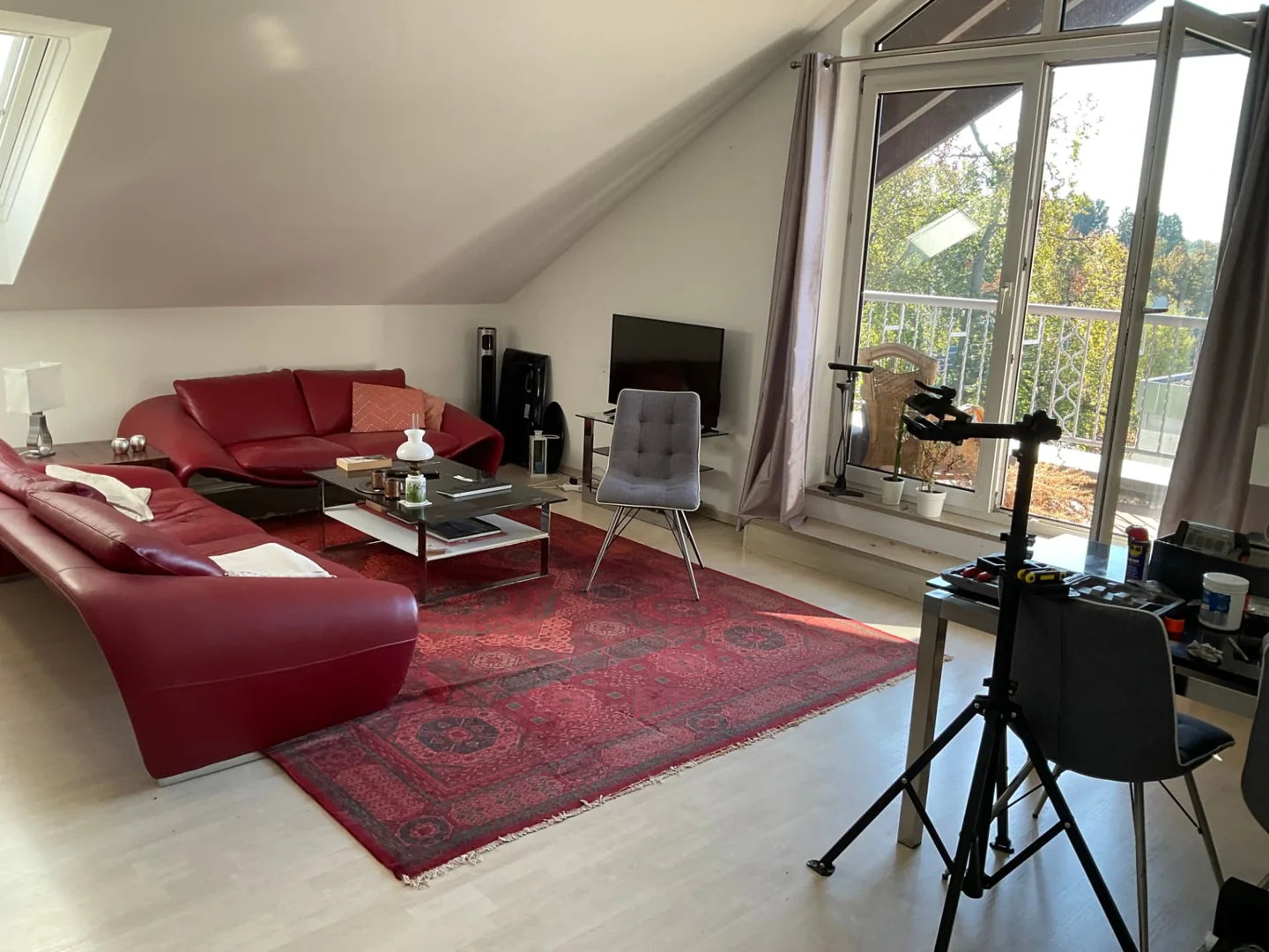 Wohnbereich der Dachgeschosswohnung mit Sofas und Hausrat vor der Entrümpelung